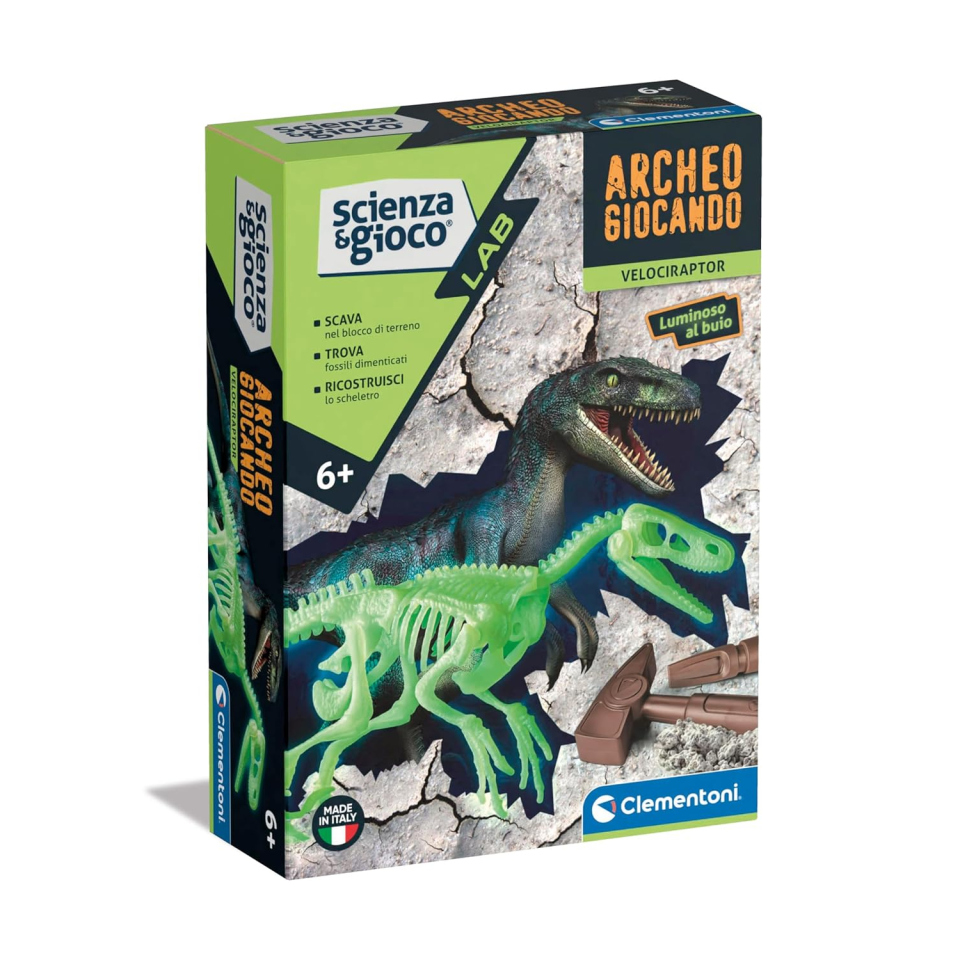 Clementoni Archeogiocando Velociraptor – Kit Scavo Fossili Fosforescenti