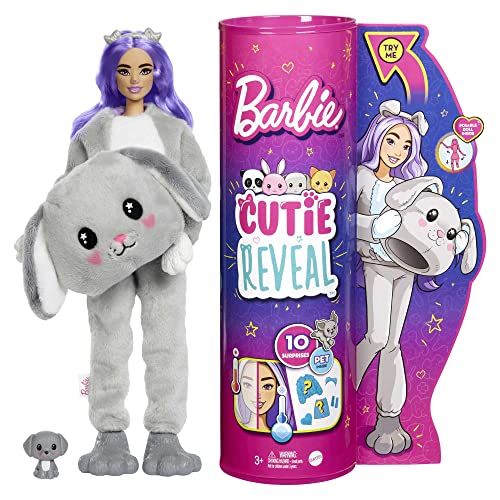 Barbie Cutie Reveal Cagnolino, Bambola con costume animali e 10 sorprese, HHG21