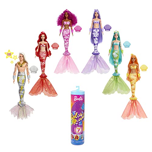 Barbie Sirena Color Reveal, Bambola Sirena Arcobaleno con 7 Sorprese