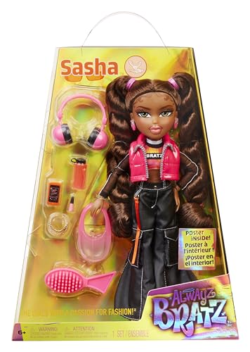 Bratz Sasha, Fashion Doll con 10 accessori e poster, da 6+ anni