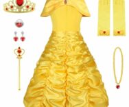 Costume di Belle, Vestito da Principessa Disney con accessori e Corona – Vicloon