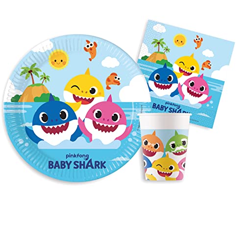 Kit Party Tavola Baby Shark per 24 Persone, in carta compostabile eco-friendly