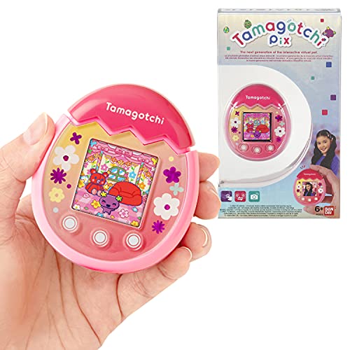 Tamagotchi PIX Floral rosa, animale elettronico virtuale con schermo a colori, tasti tattili giochi e fotocamera – Bandai 42911